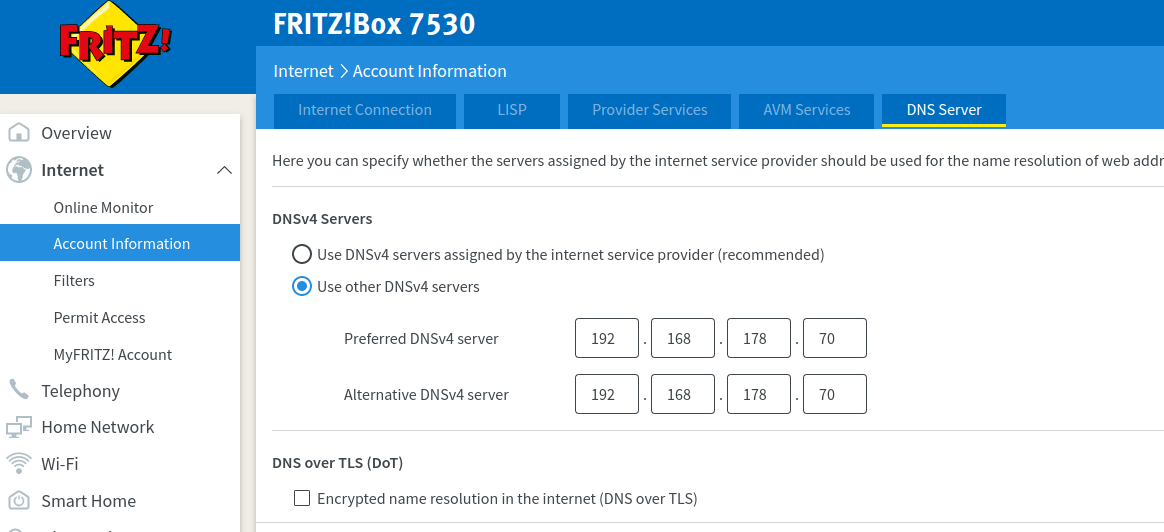 Screenshot of Fritz!Box WAN DNS Configuration